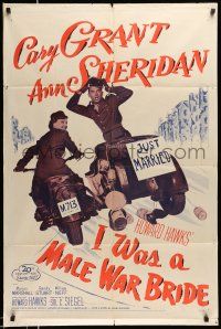 1p487 I WAS A MALE WAR BRIDE 1sh R53 cross-dresser Cary Grant & Ann Sheridan on motorcycle, Hawks