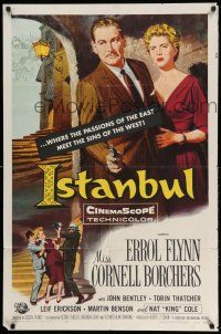 1p509 ISTANBUL 1sh '57 Errol Flynn & Cornell Borchers in Turkey's city of a thousand secrets!