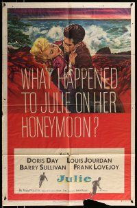1p529 JULIE 1sh '56 what happened to Doris Day on her honeymoon with Louis Jourdan?
