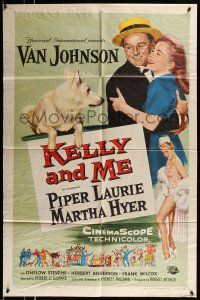 1p531 KELLY & ME 1sh '57 art of Van Johnson, Piper Laurie, sexy Martha Hyer & dog by Reynold Brown