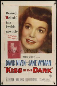 1p541 KISS IN THE DARK 1sh '49 close up headshot of Jane Wyman + kissing David Niven!