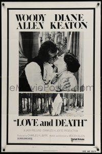 1p593 LOVE & DEATH style B 1sh '75 Woody Allen & Diane Keaton romantic kiss close up!