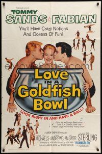 1p596 LOVE IN A GOLDFISH BOWL 1sh '61 great art of Tommy Sands & Fabian kissing pretty girl!