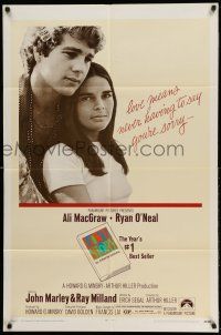 1p599 LOVE STORY 1sh '70 great romantic close up of Ali MacGraw & Ryan O'Neal!