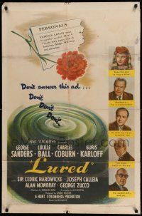1p607 LURED 1sh '47 great artwork of Lucille Ball with gun, Boris Karloff