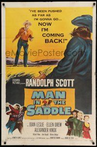 1p616 MAN IN THE SADDLE 1sh R59 cowboy Randolph Scott in western action, Joan Leslie!