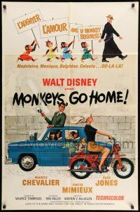 1p642 MONKEYS GO HOME 1sh '67 Disney, art of Maurice Chevalier, Yvette Mimieux & apes!