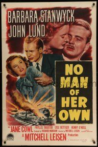 1p687 NO MAN OF HER OWN 1sh '50 Barbara Stanwyck, cool artwork of exploding train!