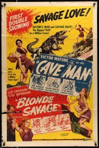 1p703 ONE MILLION B.C./BLONDE SAVAGE 1sh '50s Victor Mature, Carole Landis, first double showing!