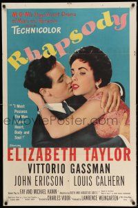1p768 RHAPSODY 1sh '54 Elizabeth Taylor must possess Vittorio Gassman, heart, body & soul!