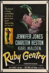 1p787 RUBY GENTRY 1sh '53 art of super sleazy bad girl Jennifer Jones kissing Charlton Heston!