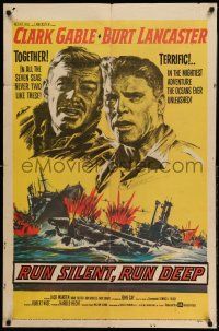 1p790 RUN SILENT, RUN DEEP 1sh '58 Clark Gable & Burt Lancaster in navy military submarine!