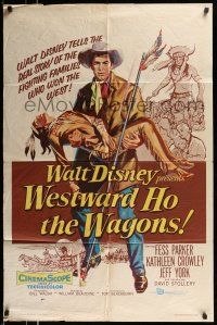 1p962 WESTWARD HO THE WAGONS 1sh '57 artwork of cowboy Fess Parker holding Native American!