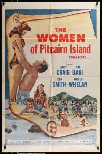 1p988 WOMEN OF PITCAIRN ISLAND 1sh '57 James Craig lifting sexy Lynn Bari in swimsuit, South Seas!