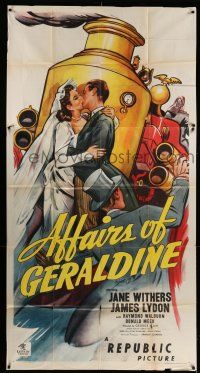 1r711 AFFAIRS OF GERALDINE 3sh '46 art of bride Jane Withers & groom James Lydon on firetruck!