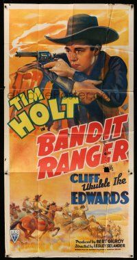 1r725 BANDIT RANGER 3sh '42 wonderful close up artwork of cowboy Tim Holt with smoking gun!