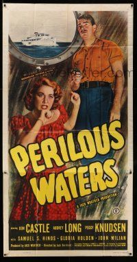 1r870 PERILOUS WATERS 3sh '48 full image of Don Castle with gun & scared Audrey Long on ship!