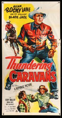 1r954 THUNDERING CARAVANS 3sh '52 great art of cowboy Rocky Lane w/smoking gun & on Black Jack!