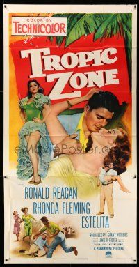 1r966 TROPIC ZONE 3sh '53 art of Ronald Reagan romancing Rhonda Fleming + sexy Estelita!