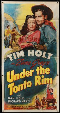 1r971 UNDER THE TONTO RIM 3sh '47 art of cowboy Tim Holt & Nan Leslie, from Zane Grey's story!