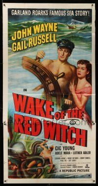 1r980 WAKE OF THE RED WITCH 3sh R52 art of barechested John Wayne & Gail Russell at sea!