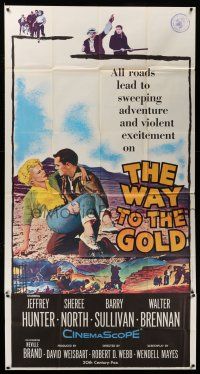 1r985 WAY TO THE GOLD 3sh '57 great image of Jeffrey Hunter carrying wounded Sheree North!