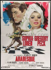 1r445 ARABESQUE Italian 1p R70s cool different Cesselon art of Gregory Peck & sexy Sophia Loren!