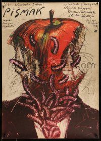 1t404 PISMAK Polish 26x36 '84 creepy Andrzej Pagowski art of man with wormy apple for a head!