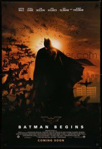 1w085 BATMAN BEGINS coming soon style; advance DS 1sh '05 Christian Bale as Caped Crusader w/bats!