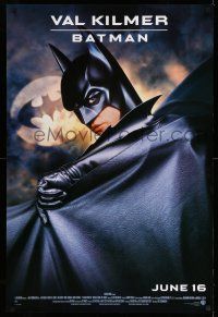 1w089 BATMAN FOREVER advance 1sh '95 cool image of Val Kilmer in the title role, bat symbol!