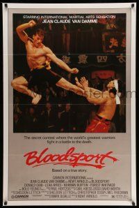 1w114 BLOODSPORT 1sh '88 cool image of Jean Claude Van Damme kicking Bolo Yeung in his huge pecs!