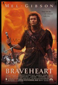 1w125 BRAVEHEART advance 1sh '95 cool image of Mel Gibson as William Wallace!