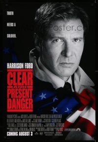 1w165 CLEAR & PRESENT DANGER advance 1sh '94 great portrait of Harrison Ford and American flag!