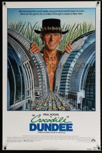 1w176 CROCODILE DUNDEE 1sh '86 cool art of Paul Hogan looming over New York City by Daniel Goozee!
