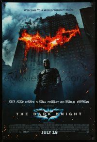 1w182 DARK KNIGHT int'l advance DS 1sh '08 Christian Bale as Batman in front of flaming building!