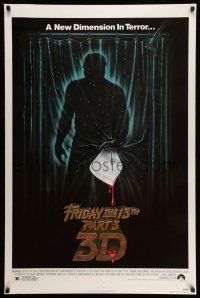 1w279 FRIDAY THE 13th PART 3 - 3D 1sh '82 slasher sequel, art of Jason stabbing through shower!