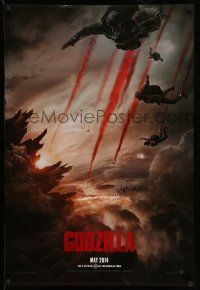 1w303 GODZILLA teaser DS 1sh '14 image of soldiers parachuting over burning San Francisco!