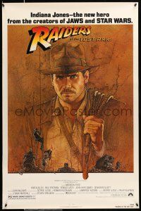 1w638 RAIDERS OF THE LOST ARK 1sh '81 great art of adventurer Harrison Ford by Richard Amsel!