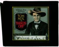 1x036 HANDS OFF glass slide '21 smiling Tom Mix wearing suit, bow tie & cowboy hat!