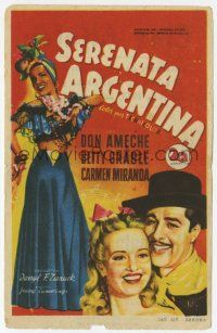 1x539 DOWN ARGENTINE WAY Spanish herald '50 Soligo art of Ameche, Betty Grable & Carmen Miranda!