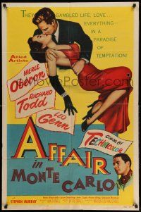 1y024 AFFAIR IN MONTE CARLO 1sh '53 sexy Merle Oberon embraced by Richard Todd!