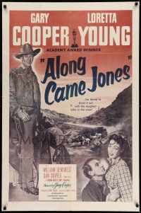 1y031 ALONG CAME JONES 1sh R53 wonderful art of Gary Cooper + holding sexy Loretta Young!