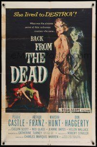 1y057 BACK FROM THE DEAD 1sh '57 Peggie Castle lived to destroy, cool sexy horror art & image!