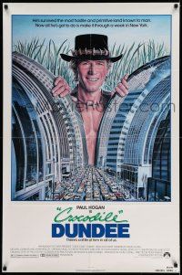 1y195 CROCODILE DUNDEE 1sh '86 cool art of Paul Hogan looming over New York City by Daniel Goozee!