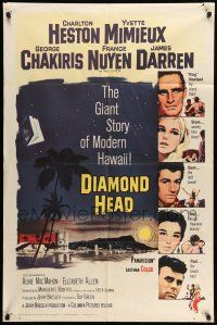 1y223 DIAMOND HEAD 1sh '62 Charlton Heston, Yvette Mimieux, cool art of Hawaiian volcano!
