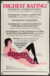 1y229 DIVERSIONS 1sh '76 x-rated, cool sexy art design of title over nude woman!