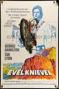 1y265 EVEL KNIEVEL 1sh '71 George Hamilton is THE daredevil, great art of motorcycle jump!