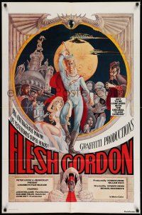 1y300 FLESH GORDON 1sh '74 sexy sci-fi spoof, wacky erotic super hero art by George Barr!