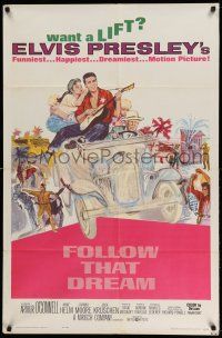 1y303 FOLLOW THAT DREAM 1sh '62 great art of Elvis Presley playing guitar in car with girl!