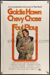 1y316 FOUL PLAY 1sh '78 wacky Lettick art of Goldie Hawn & Chevy Chase, screwball comedy!